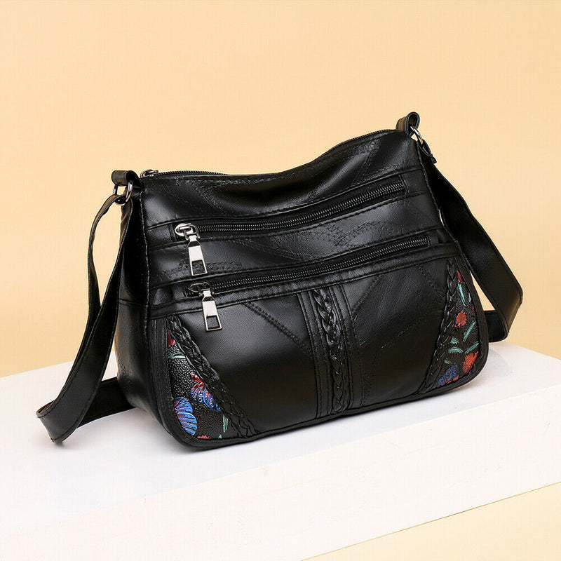 Women Flower Printed Crossbody Bag Multi Pocket Soft PU Shoulder Handbags