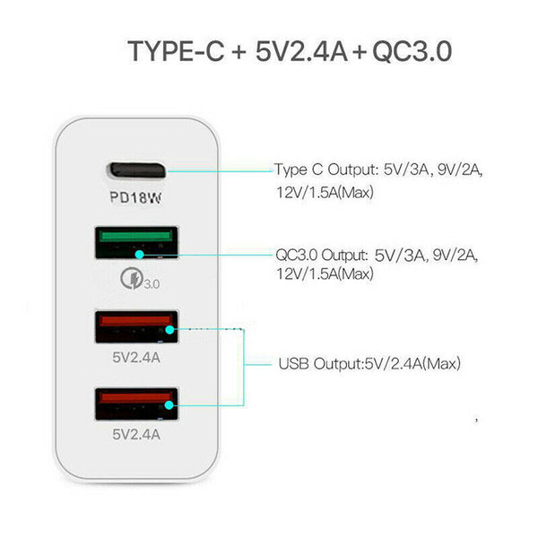 48W 4 Multi Port PD Quick Fast Charge QC 3.0 USB Type C Hub Wall Charger Adapter