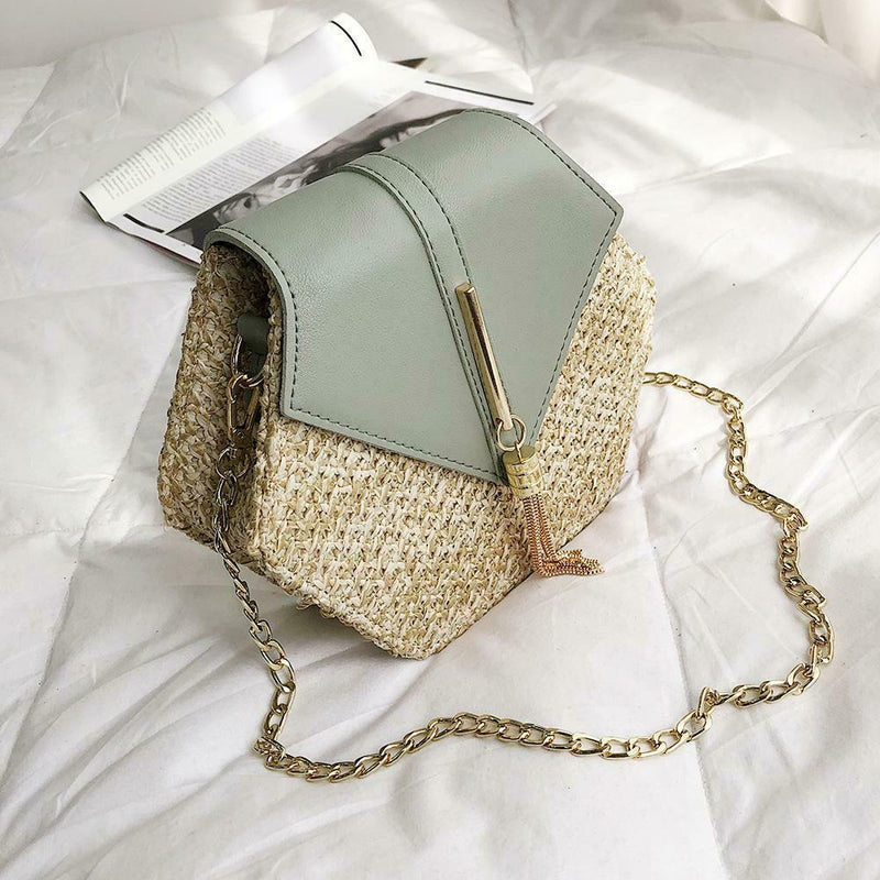 Hex-shape Straw+PU Shoulder Handbags Beach Women Top-handle Bags (Green) A