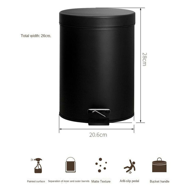5L Round Metal Step Trash Can Bathroom Silent Wastebasket Garbage Bin Black