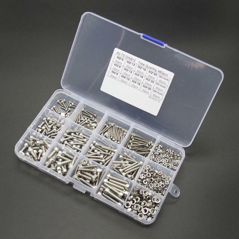 480pcs M2 M3 M4 304 Stainless Steel Hex Socket Head Cap Screws Nut Kit Set + Box