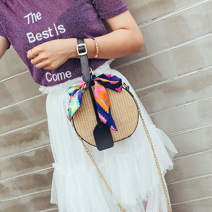 Women's straw bag Crossbody bag Woven bag Summer leisure bag Small round si H7S4