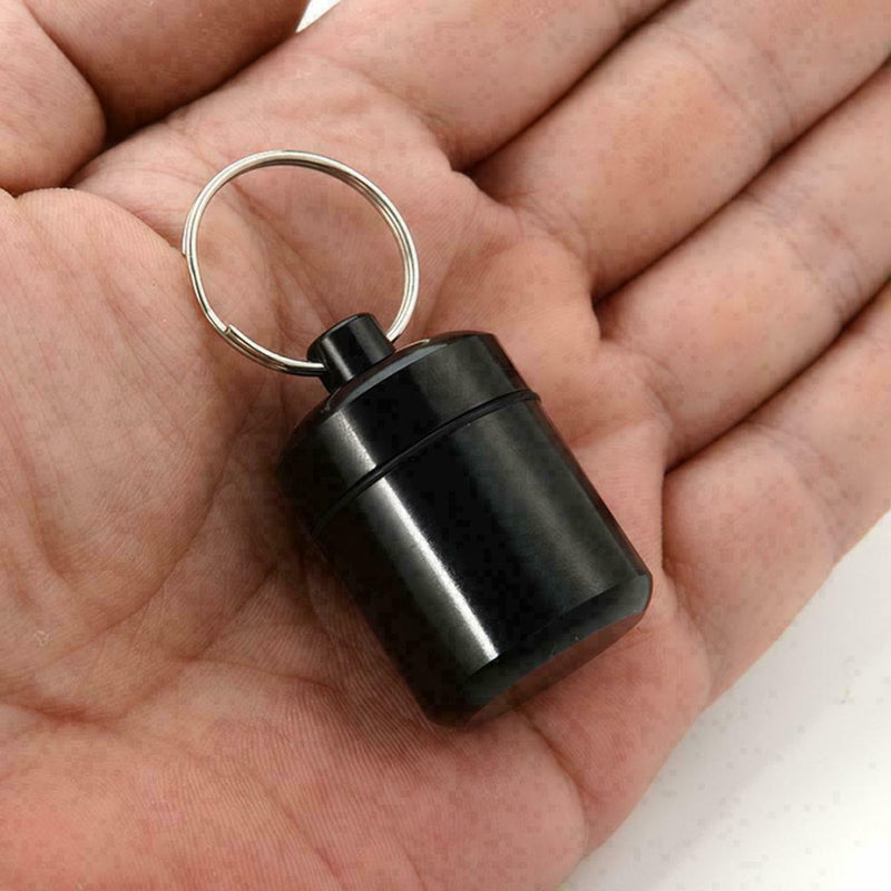 Mini Waterproof Metal Medicine Pill Box Case Bottle Black Container Keychai M5V9