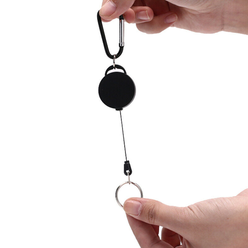 Black Retractable Key Chain Reel Steel Cord Recoil Belt Key Ring Badge Holder ~Z