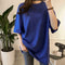 Summer Half Sleeve Long T-shirt Candy Color Loose Women Tops (Dark Blue XL)