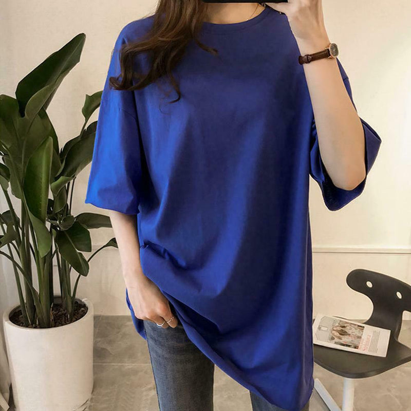 Summer Half Sleeve Long T-shirt Candy Color Loose Women Tops (Dark Blue XL)