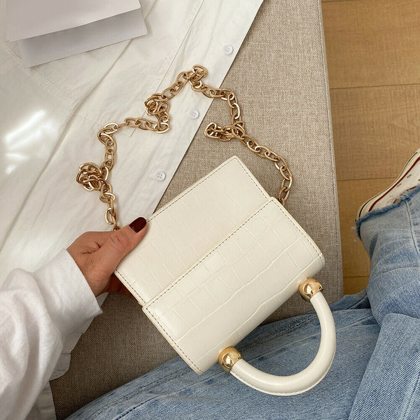 Women Mini Shoulder Bag Alligator PU Tote Chain Crossbody Pouch (White)