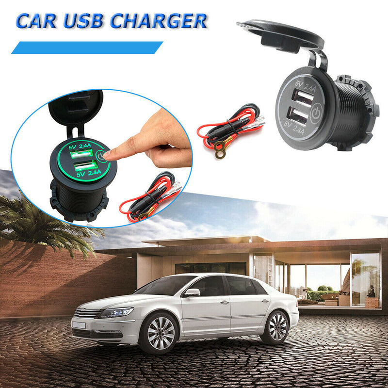 Car Motorcycle 4.8A Dual USB Charger Socket with Touch Switch+Power Cord