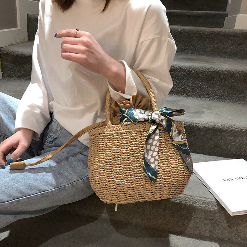 Retro Women Girls Hollow Straw Handbags Beach Handmade Woven Drawstring Totes