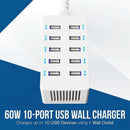 60 Watt (12 Amp) 10-Port Family-Sized Desktop Usb Rapid Charger. Smart Usb