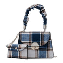 Fashion Plaid PU Women Shoulder Bag Pleated Handle Chain Handbag (Blue)