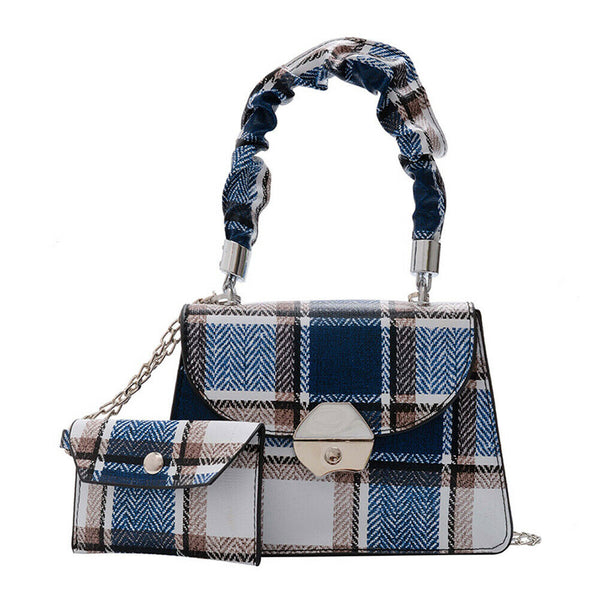 Fashion Plaid PU Women Shoulder Bag Pleated Handle Chain Handbag (Blue)