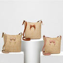 Women Summer Casual Shoulder Bow Straw Woven Bucket Crossbody Bag(Brown)