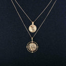 Women Retro Double Layers Alloy Round Pendant Long Necklace Clavicle Chain