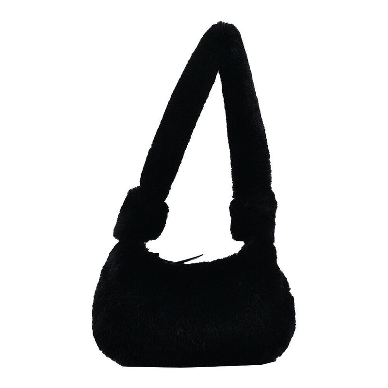 Women Fluffy Shoulder Bag Solid Plush Handbags Female Winter Totes (Black)