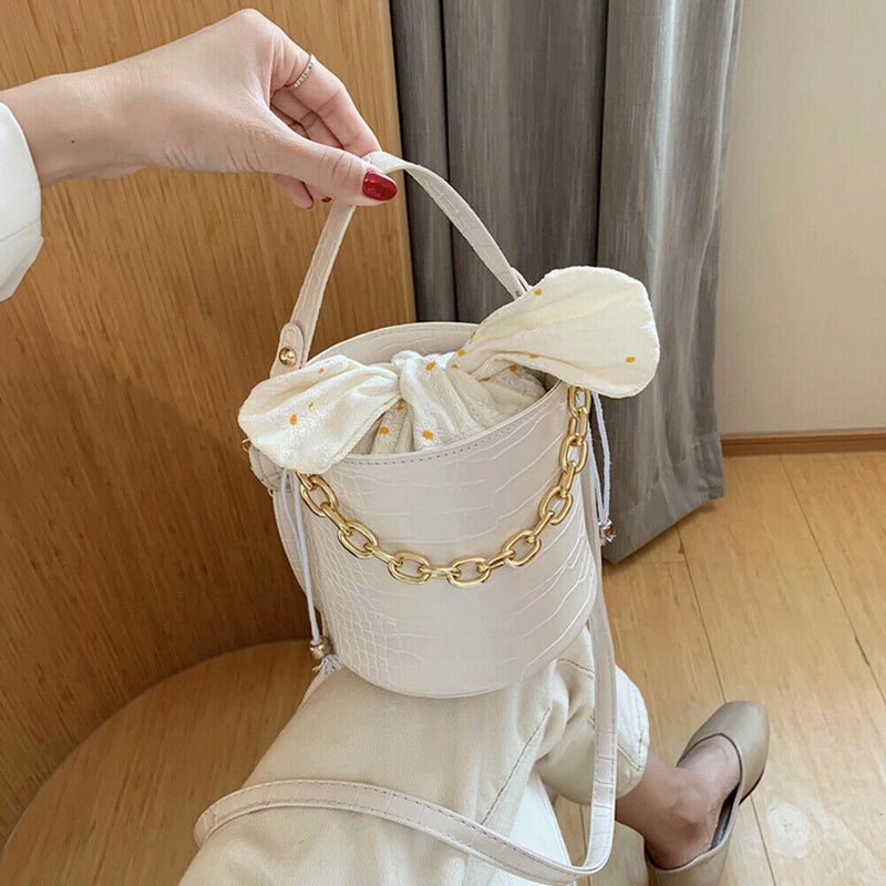 Alligator PU Bucket Bag Women Chain Shoulder Crossbody Handbag (White) A