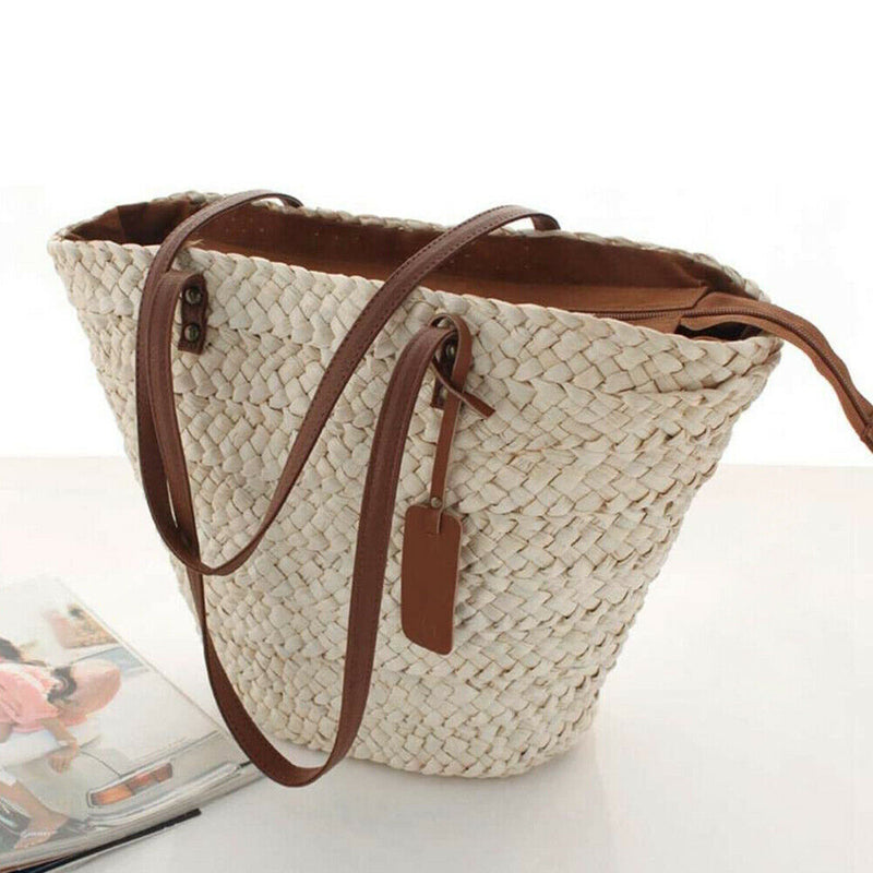 Women Beach Woven Shoulder Bag Holiday Totes Travel Bucket Straw Handbags