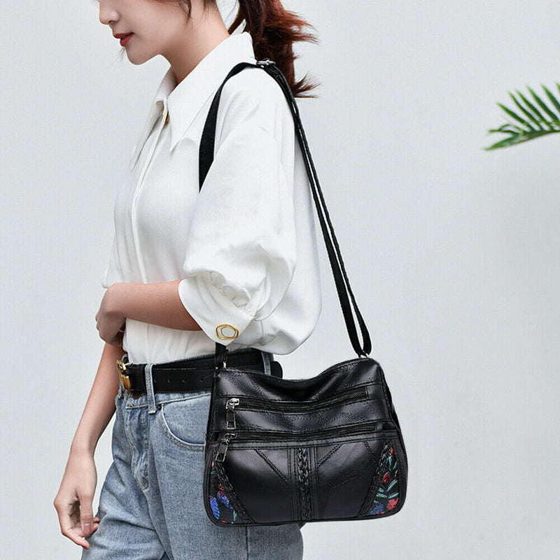 Women Flower Printed Crossbody Bag Multi Pocket Soft PU Shoulder Handbags