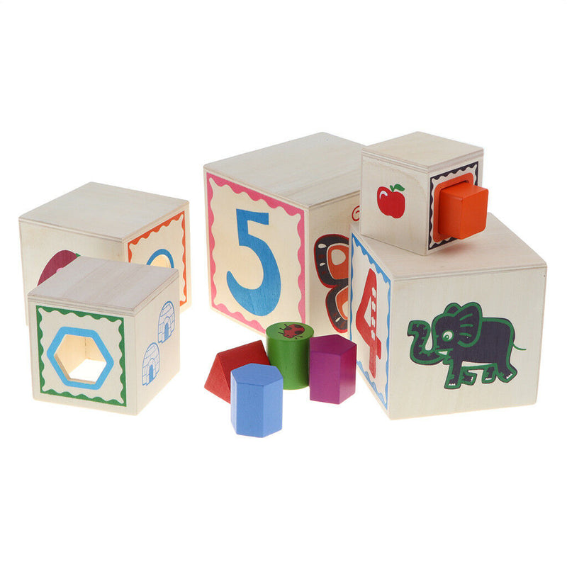 5 Piece Wooden Stacking Boxes Cubes w/ Geometric Blocks for Kids Education