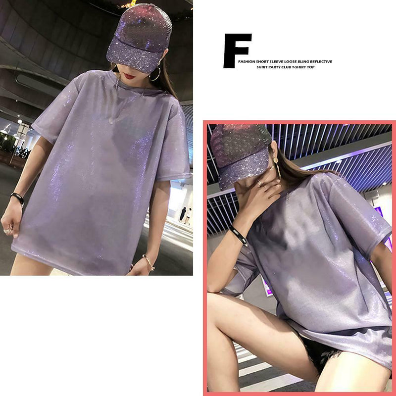 Fashion Women Bling Solid Short Sleeve Loose T-Shirts Long Tops (Purple L)