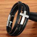 Cross Multi Layer Design Stainless Steel Fashion Men's Leather Bracelet GifSEAU