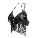 Women Glitter Sequin Tassel Halter Crop Top Latin Belly DancE Bra Top Black