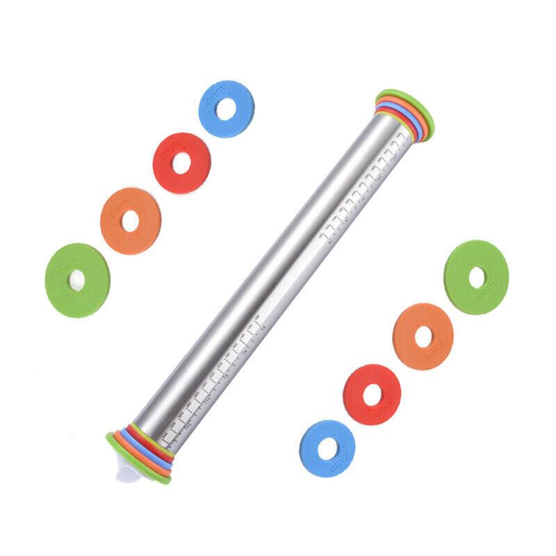 Adjustable Stainless Steel Rolling Pin with 4 Thickness Rings for Baking 17 inch