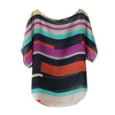 Short Bat Sleeve Stripes Splicing Women Blouse Summer Chiffon Tops (XL)