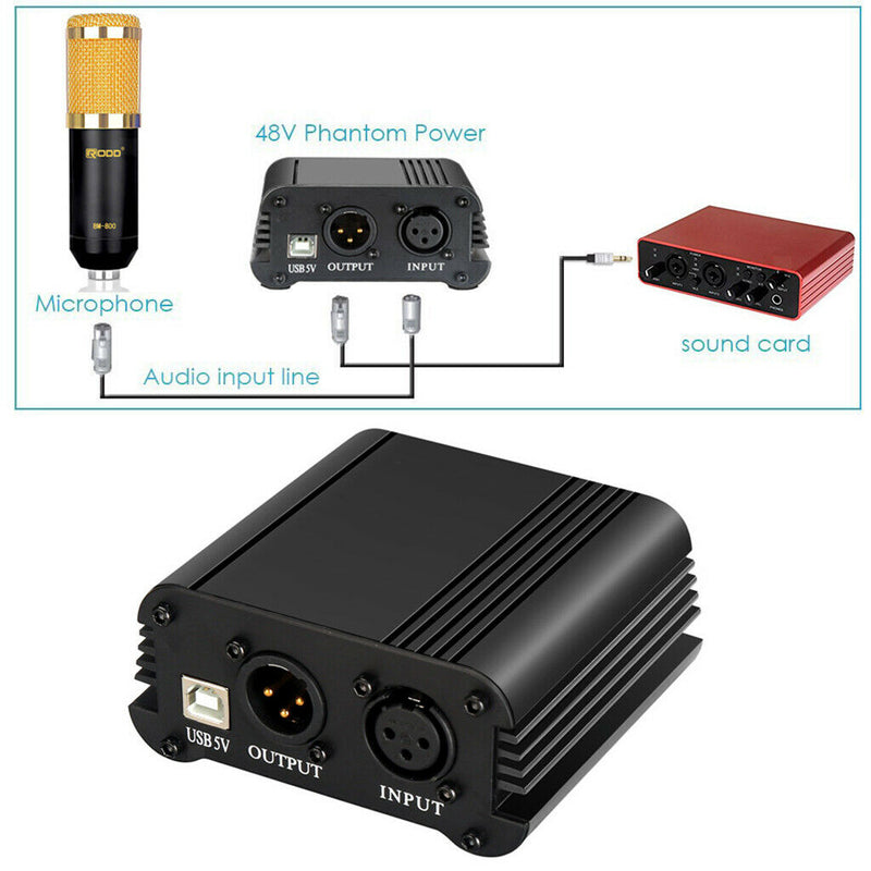 48V Phantom Power Supply with USB Cable XLR 3 Pin Mic Audio Cable for Condenser