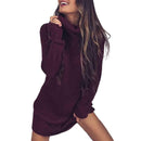 Women Turtleneck Cotton Long-Sleeves Bodycon Pure Color Dress (Wine Red M) A