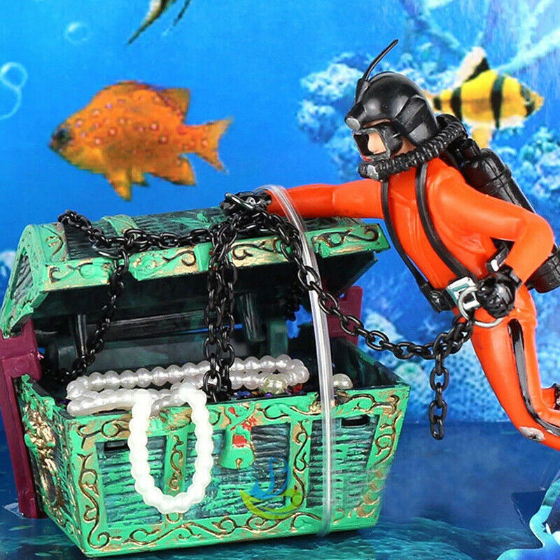 Frogman Diver Treasure Chest Shaped Action Air Ornament Fish Tank Aquarium HUI