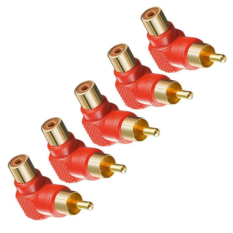 Red 5Pcs 90 Deg/Right Angle RCA Male to Female AV Adapters Cable Connector