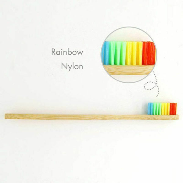 Natural Bamboo Toothbrush Made with Rainbow Nylon Infused Bristles in Recyc D7X5