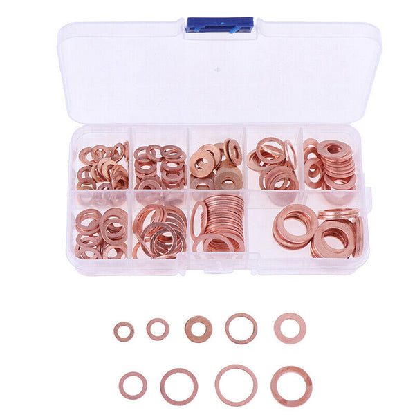 200x/Box Copper Washer Gasket Nut and BoltSet Flat Ring Seal Assortment Kit Ew