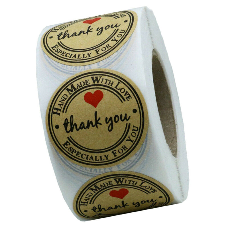 1 Roll Of 500pcs Round Kraft Thank You Stickers Self Adhesive Labels Brown