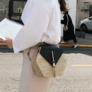 Hex-shape Straw+PU Shoulder Handbags Beach Women Top-handle Bags (Black) SN9F