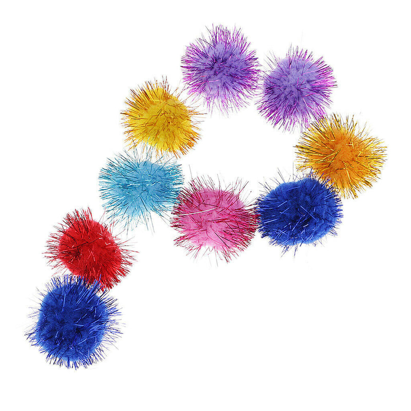 50pcs Glitter Pom Poms Assorted Colours 35mm pompoms Tinsel Kitten Cat Toys