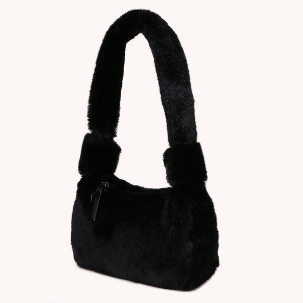 Women Fluffy Shoulder Bag Solid Plush Handbags Female Winter Totes (Black)