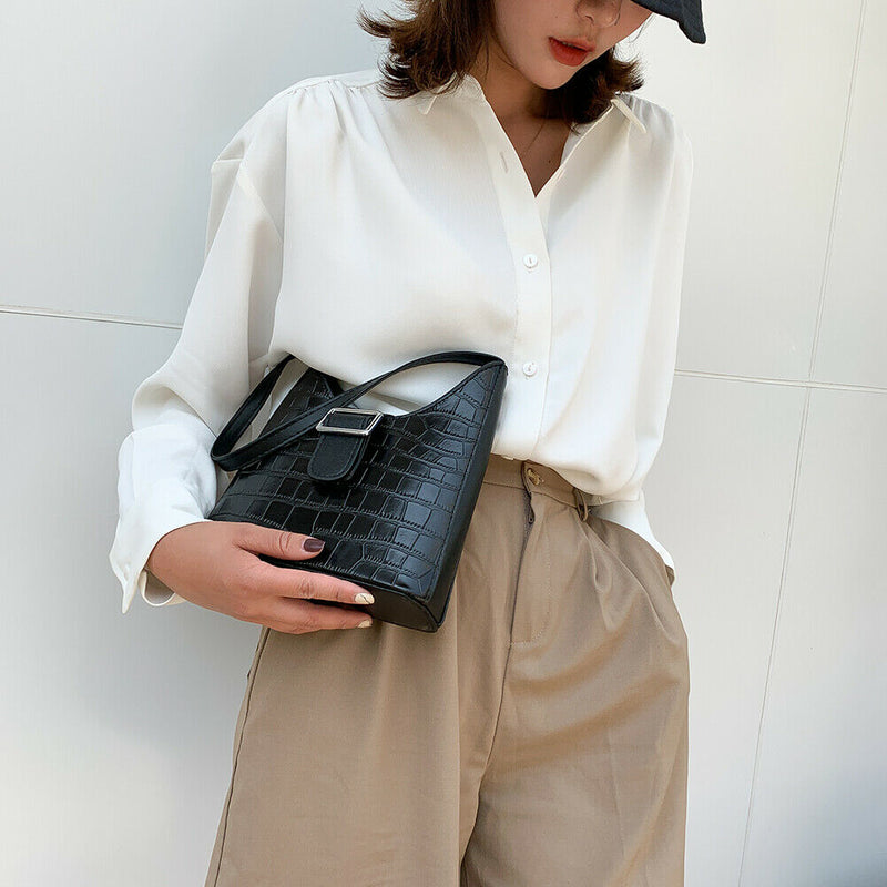 Stone Pattern Women Handbag Leather Female Retro Shoulder Tote Bag (Black)