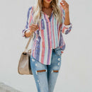 Women Fashion Lapel Long Sleeve Color Striped Print Button Down Shirt Ladie