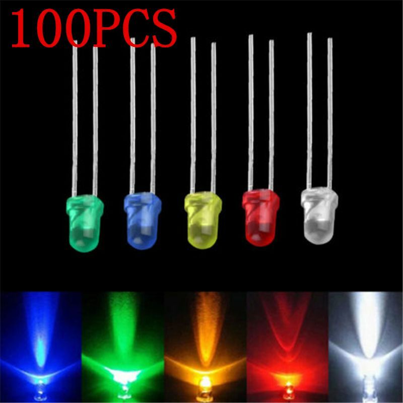 New 100pcs 3mm White Green Red Blue Yellow LED Light Bulb Emitting Diode Lamps