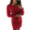 Women Long-Sleeved Bodycon Clubwear Ladies Plush Solid Color Dress (Red M)