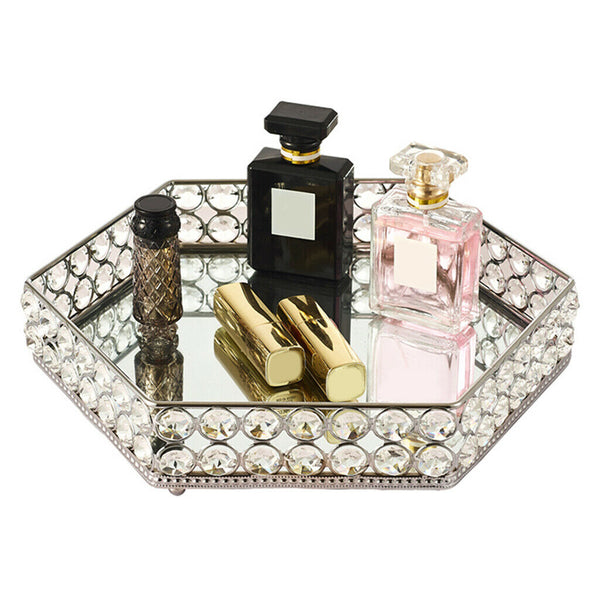 1pc Hex Mirrored Crystal Vanity Tray Cosmetic Home Bedroom Decor Dresser