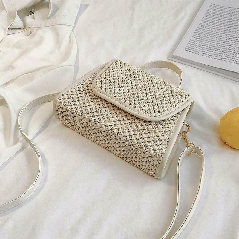 Retro Hit Color Shoulder Handbags Women Flap Woven Crossbody Bags (Beige)