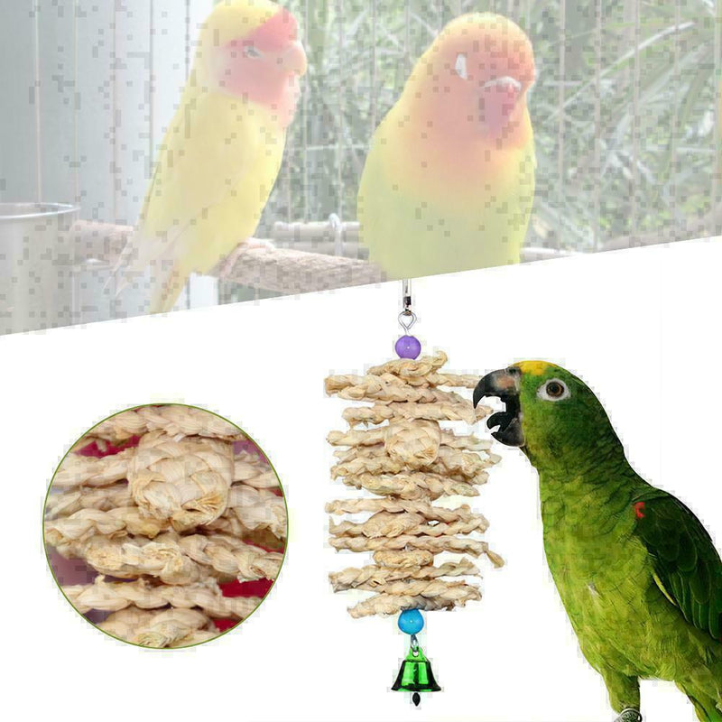 Parrot Bird Wooden Grass Chewing Bite Hanging Cage Bell Swing Climb Pet-Sup G0P0