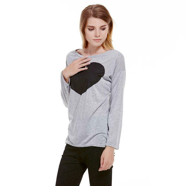 New Women Lady Cute Heart Love Round Neck Long Sleeve Top Tshirt Blouse L