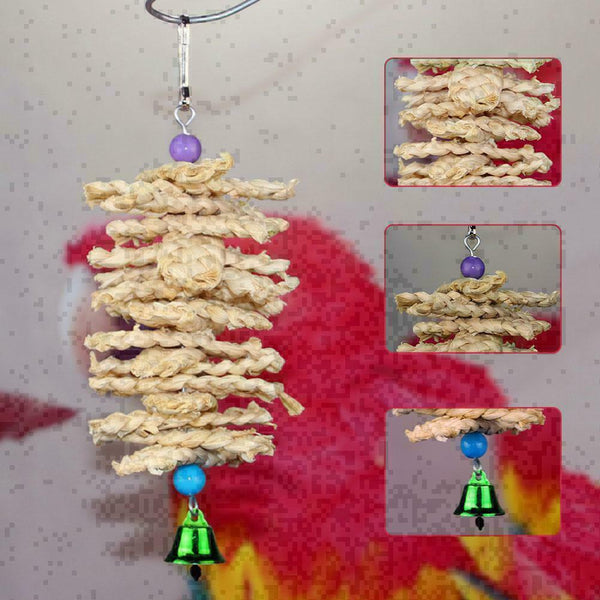 Parrot Bird Wooden Grass Chewing Bite Hanging Cage Bell Swing Climb Pet-Sup G0P0