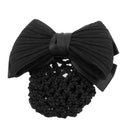 Woman Black Ruched Bowknot Bow Snood Net Bun Cover Barrette Hair Clip