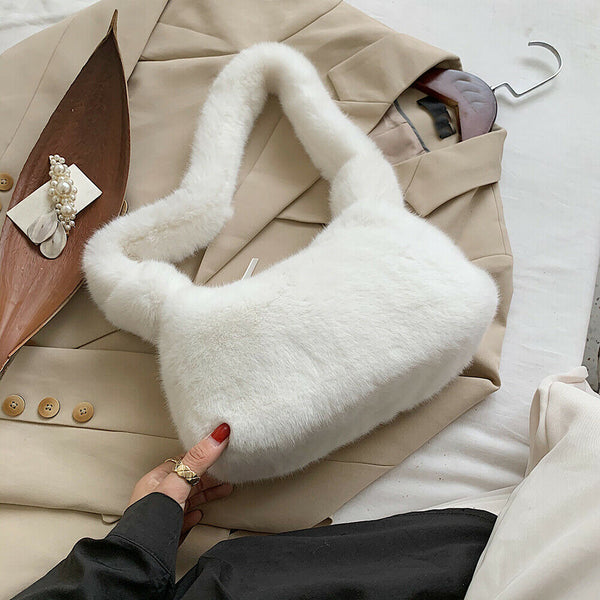 Women Fluffy Shoulder Bag Solid Plush Handbags Female Winter Totes (White)