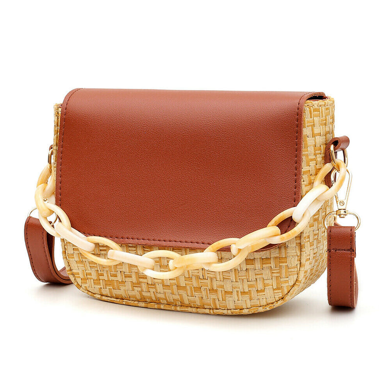 Woven Straw Shoulder Bag Women PU Splicing Beach Travel Small Money Pouch